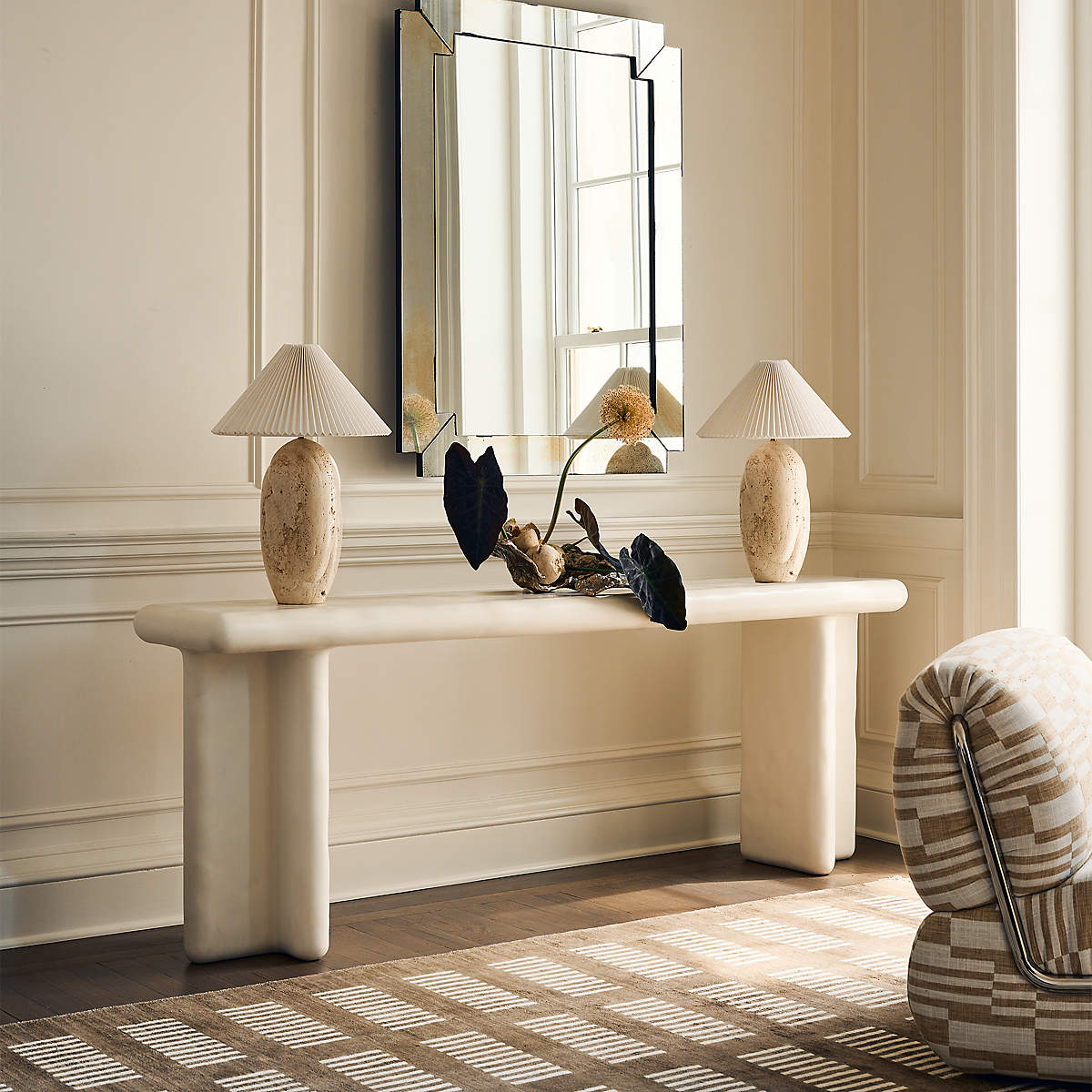 Lampe de table en travertin avec abat-jour plissé